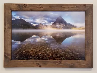 Framed metal nature wall art example of Two Medicine Lake at Glacier National Park